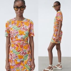Zara Cut Out Tropical Floral Printed Summer Jersey T-Shirt Mini Dress NWT Small